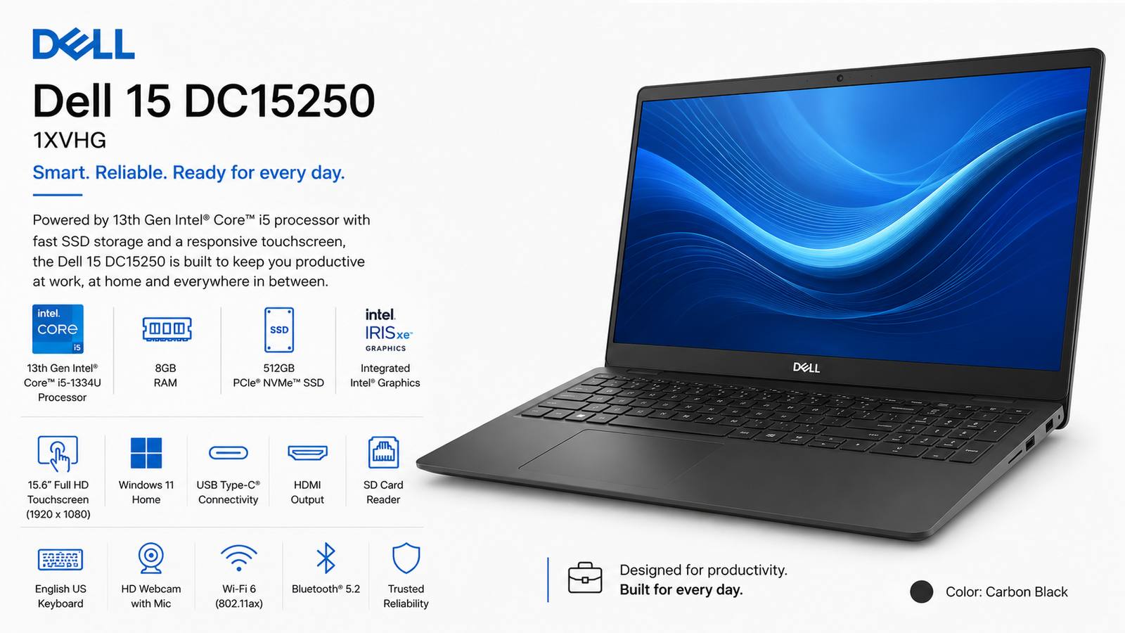 Dell 15 DC15250 1XVHG, 15.6-inch FHD Touch Laptop, Intel Core i5-1334U, 8GB RAM, 512GB PCIe NVMe SSD, Intel UHD Graphics, Windows 11 Home, English US Keyboard, Carbon Black | 1XVHG